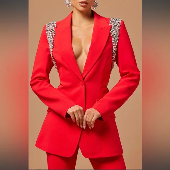 Claire Embellished Blazer Pant Suit Set - Red - Picture 3 of 7
